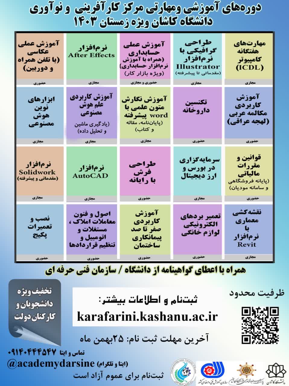 دوره های آموزشی و مهارتی مرکز کارآفرینی دانشگاه کاشان